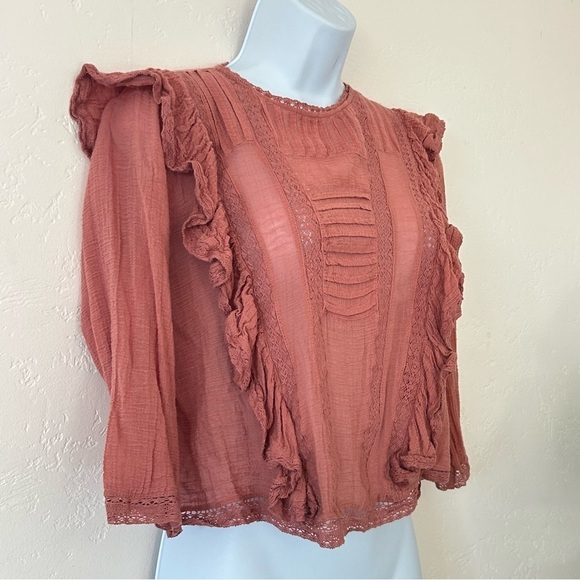 FREE PEOPLE Jasmine Victorian Ruffle Lace Trim Cropped Blouse Rose Size XS - Picture 4 of 13